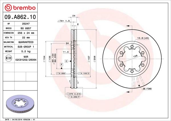 BREMBO 09.A862.10 | Fren Diski Ön Standard Ford | 2 Adet