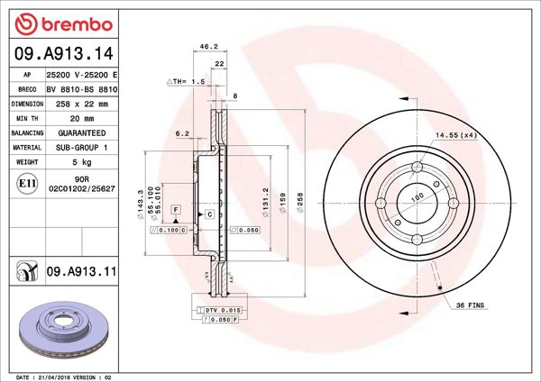 BREMBO 09.A913.14 | Fren Diski Ön Havalı-(258-4)-(Toyota Yaris 06 / 11 1.0-1.3-1.4 D4d) | 2 Adet