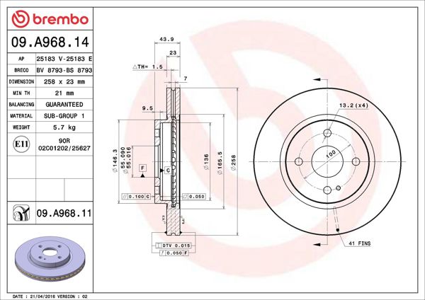 BREMBO 09.A968.14 | Fren Diski Ön Havalı-(258-4)-(Mazda-2 08 / 12) | 2 Adet