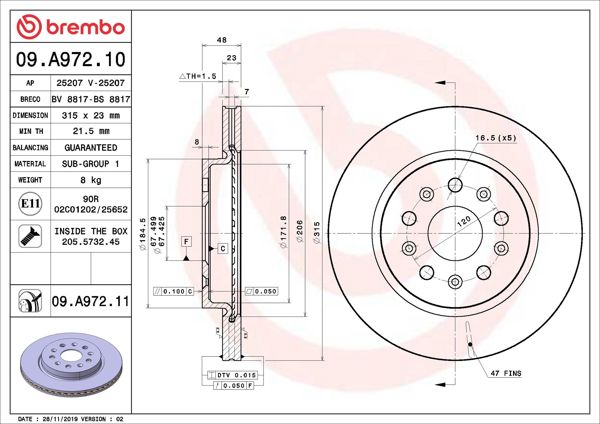 BREMBO 09.A972.10 | Fren Diski Ön Arka Standard Chevrolet | 2 Adet
