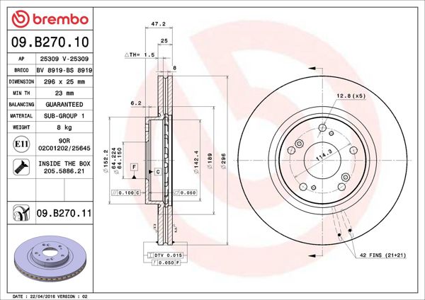 BREMBO 09.B270.10 | Fren Diski Ön Havalı-(296-5)-(Honda Accord 09 / 13) | 2 Adet