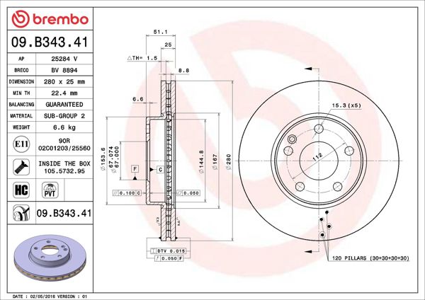 BREMBO 09.B343.41 | Fren Diski Ön Hava Kanallı (Mercedes A Serisi (W176) 12-/ B Serisi W246 11 -) | 2 Adet
