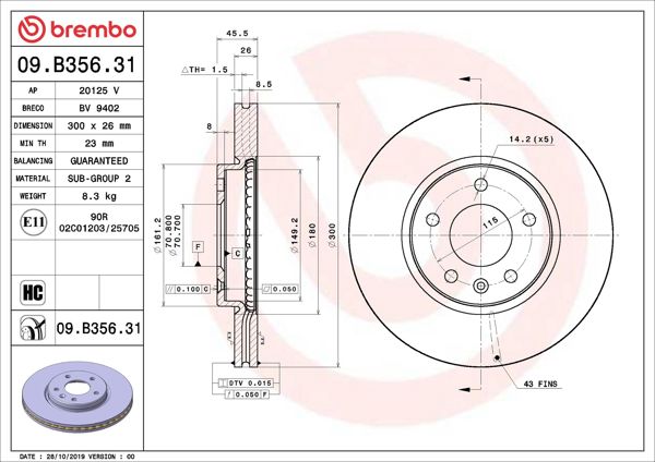 BREMBO 09.B356.31 | Fren Diski Ön UV Coated Opel | 2 Adet