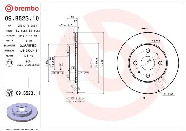 BREMBO 09.B523.10 | Fren Diski Ön Standard Toyota | 2 Adet