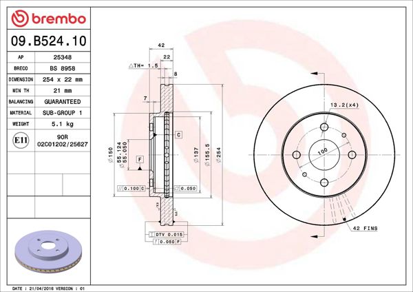 BREMBO 09.B524.10 | Fren Diski Ön Standard Daihatsu | 2 Adet