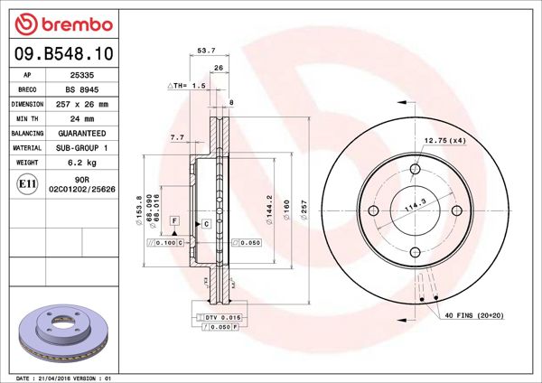 BREMBO 09.B548.10 | Fren Diski Ön Havalı 257 mm Mitsubishi Lancer VII 2.0 I 07-Lancer VIII 1.8 1.8 Dı-D 10 -