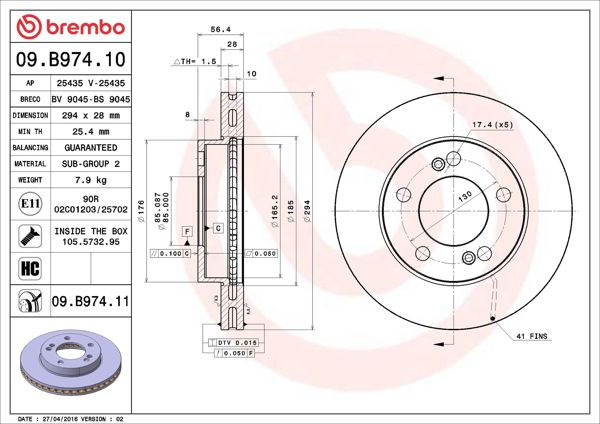 BREMBO 09.B974.11 | Fren Diski Ön Havalı-(294-5)-(Ssangyong Actyon 06 / 12 / Kyron 06 / 12)