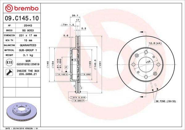 BREMBO 09.C145.10 | Fren Disk Ön Havalı (231-4)-(Honda Jazz 02 / 08) | 2 Adet