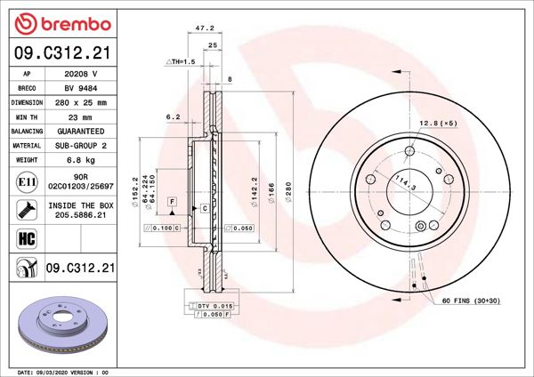 BREMBO 09.C312.21 | Fren Diski Ön Havalı-(280-5)-(Karbon Kaplamalı)-(Honda Civic 2012 /) | 2 Adet