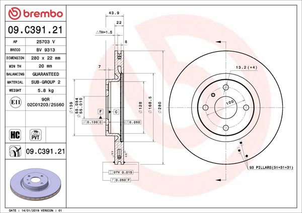 BREMBO 09.C391.21 | Fren Diski Ön UV Coated Fiat | 2 Adet