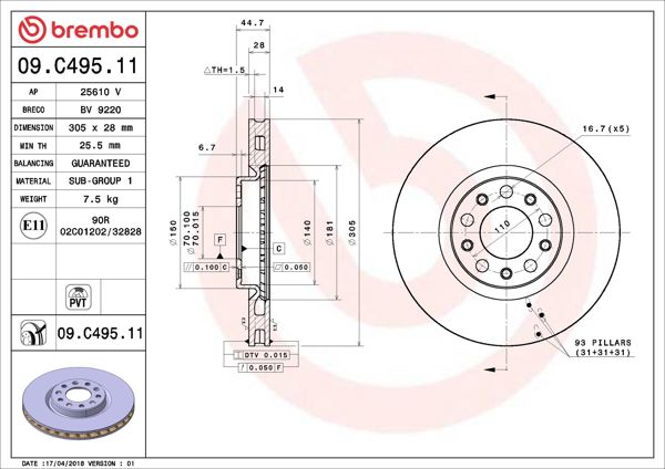 BREMBO 09.C495.11 | Fren Diski Ön UV Coated Alfa Romeo 2 Adet