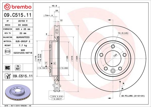 BREMBO 09.C515.11 | Fren Diski Arka Landrover Discovery V / Range Rover IV / Range Rover Sport II | 2 Adet