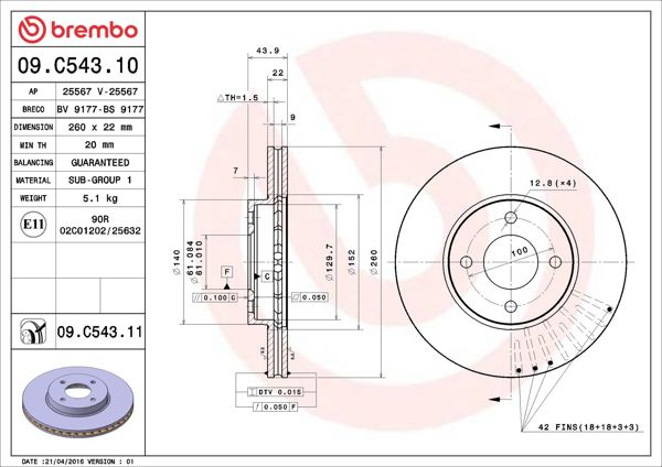 BREMBO 09.C543.11 | Fren Diski Ön UV Coated Nissan | 2 Adet