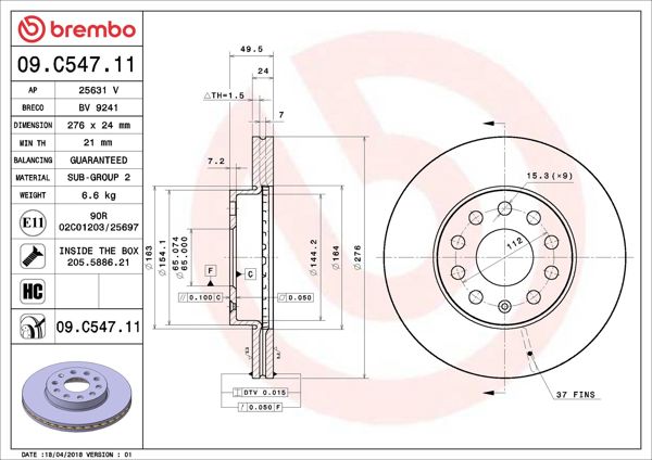 BREMBO 09.C547.11 | Fren Diski Ön (VW Golf 13-Audi A3 13-Seat Leon 13-Skoda Octavia 13 -) 276×24 5×112 | 2 Adet