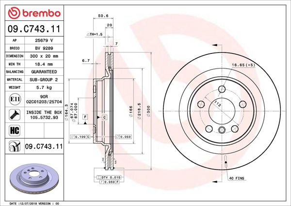 BREMBO 09.C743.11 | Fren Diski Arka UV Coated BMW F39 F40 F44 F45 F46 F48 Mini F54 F60 | 2 Adet