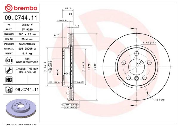 BREMBO 09.C744.11 | Fren Diski Ön UV Coated BMW | 2 Adet