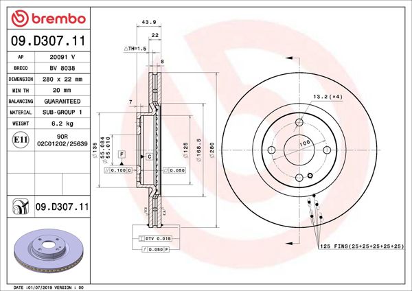BREMBO 09.D307.11 | Fren Diski Ön UV Coated Fiat | 2 Adet