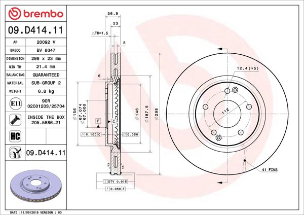 BREMBO 09.D414.11 | Fren Diski Ön UV Coated Ssangyong | 2 Adet