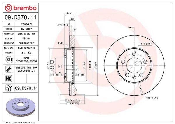 BREMBO 09.D570.11 | Fren Diski Ön Kaplamalı-256×22 5×100 (VW Polo 18- Audi A1 19- Seat Ibiza 18 -) | 2 Adet