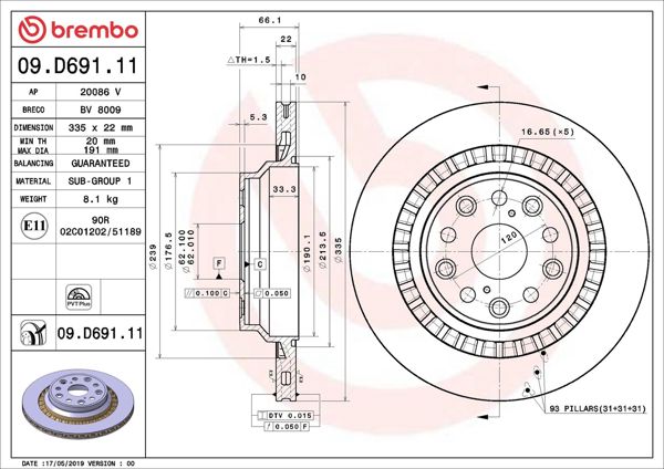 BREMBO 09.D691.11 | Fren Diski Arka UV Coated Lexus | 2 Adet