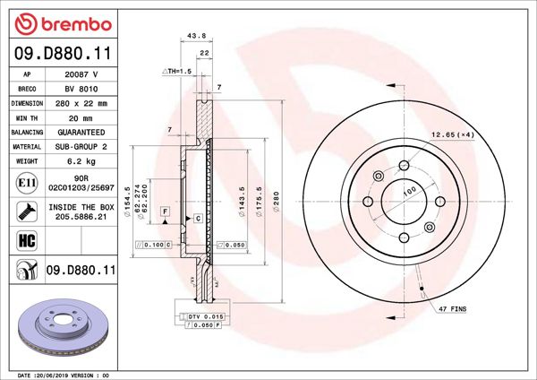 BREMBO 09.D880.11 | Fren Diski Ön UV Coated Hyundai | 2 Adet