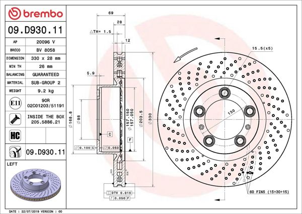 BREMBO 09.D930.11 | Fren Diski Ön UV Coated Porsche | 2 Adet