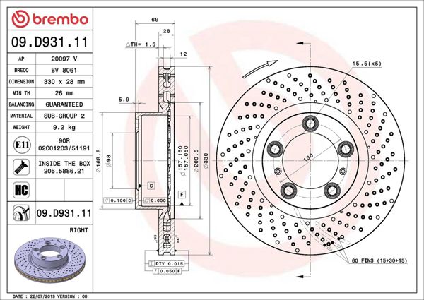 BREMBO 09.D931.11 | Fren Diski Ön UV Coated Porsche | 2 Adet