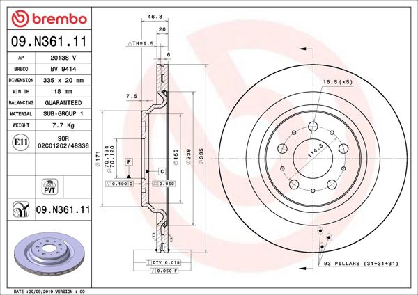 BREMBO 09.N361.11 | Fren Diski Arka (Tesla Model 3 17 -) Kaplamalı