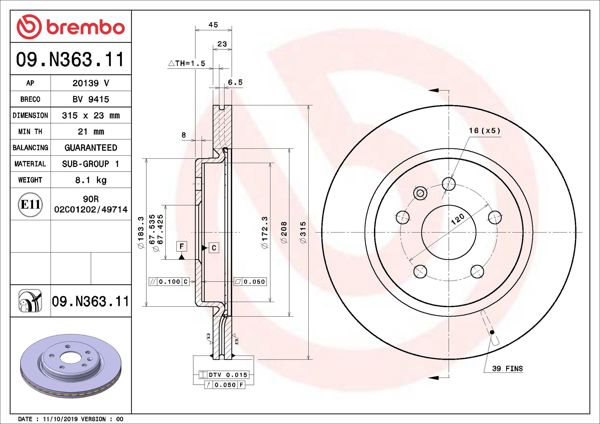 BREMBO 09.N363.11 | Fren Diski Arka UV Coated Opel | 2 Adet