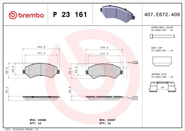 BREMBO P23161 | Fren Balatası Ön (Citroen Jumper / Fiat Ducato / Peugeot Boxer 06 -) Fişli Aksesuar İle