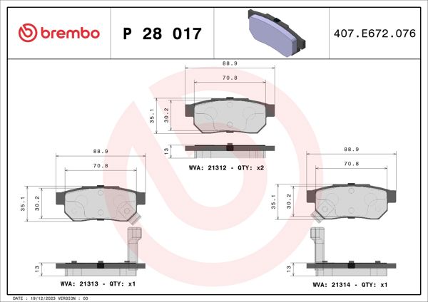 BREMBO P28017 | Balata Fren Arka-(Honda Civic 96 / 00 / Jazz 02 / 10 / Rover 90 /)