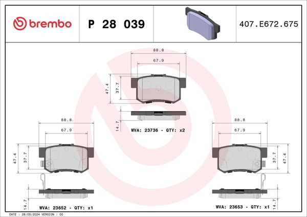 BREMBO P28039 | Fren Balatası Arka Honda Civic 2001-/ CRV 2001-2007 Accord 1998-2008 Frv 04-/