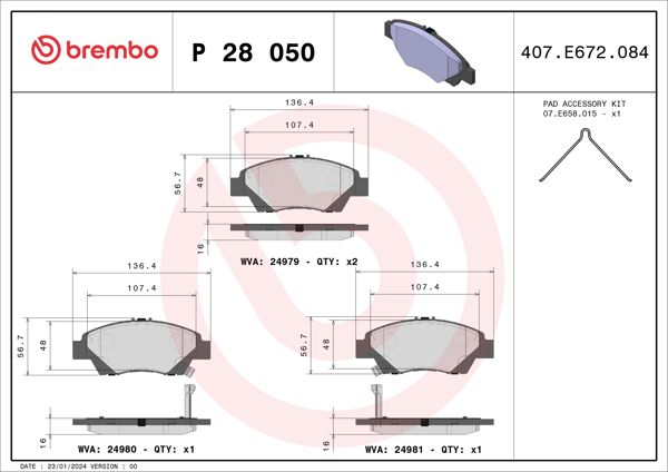 BREMBO P28050 | Balata Fren Ön-(Honda Jazz 09 / 12 / City 10 / 12 / Crz 11 / 12)