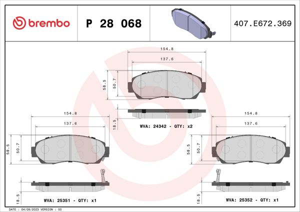 BREMBO P28068 | Fren Balatası Ön Honda CRV Re5 2007-/ CRV 12-/ CRV Re6 2015-/ CRV Rt6 2020-/ Benzinli Dizel