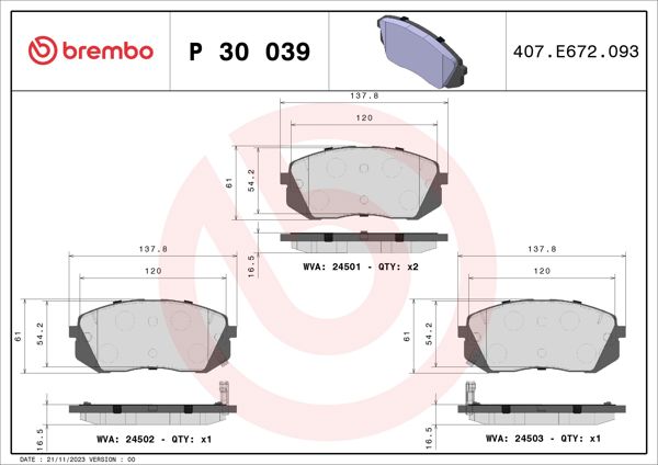 BREMBO P30039 | Fren Balatası Ön Hyundai Tucson 2015-/ Ix35 10-/ Sonata 2014-/ I40 11-/ Kona 1.6 Tgdı 16-/ Kia Soul 15-/ Sportage 10-/ Sportage 15-/