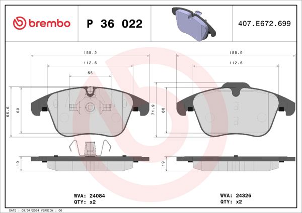 BREMBO P36022 | Fren Balatası Ön Jaguar Xe 2.0 15 -
