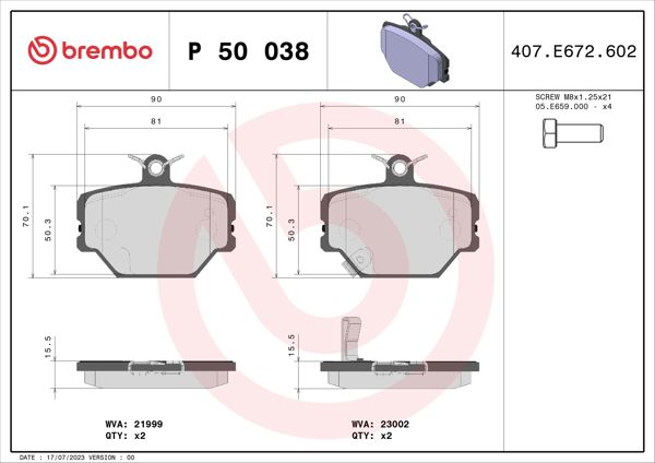 BREMBO P50038 | Fren Balatası Ön W450 / W451