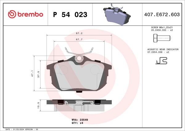BREMBO P54023 | Arka Fren Balatası ((Mitsubishi Carisma 96 / 06 / Colt 04 / 10 / Volvo (S40-V40) (96-04)