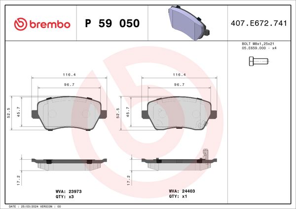 BREMBO P59050 | Fren Balatası Ön Suzuki Swift 04-10 Splash 08-11 Opel Agila 08-/