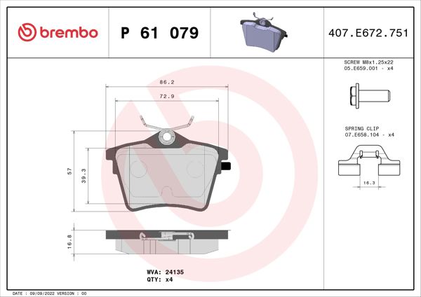 BREMBO P61079 | Fren Balatası Arka (Peugeot 407 2004 / / 607 2000 / / Citroen C5 2001 -)