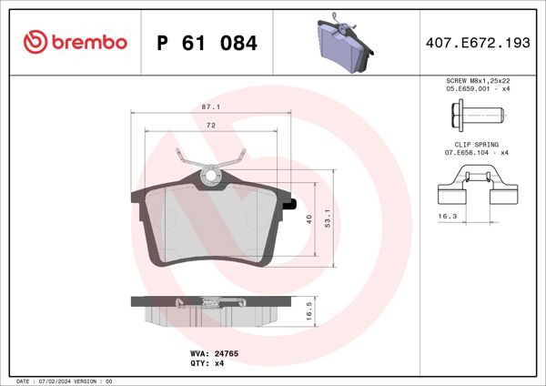 BREMBO P61084 | Fren Balatası Arka (Peugeot 308-3008 Partner Tepee / Citroen Berlingo 1.6 1.6Hdı)
