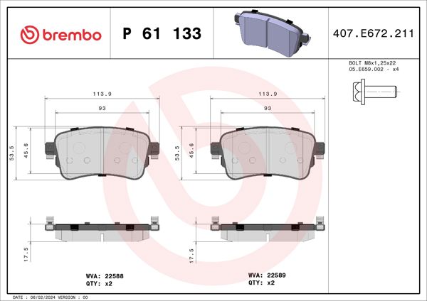BREMBO P61133 | Fren Balatası Arka-(Fiat: Scudo 2017 > > / Citroen: Jumpy 2017 > > / Peugeot: Expert 2017 > >) Low-Met