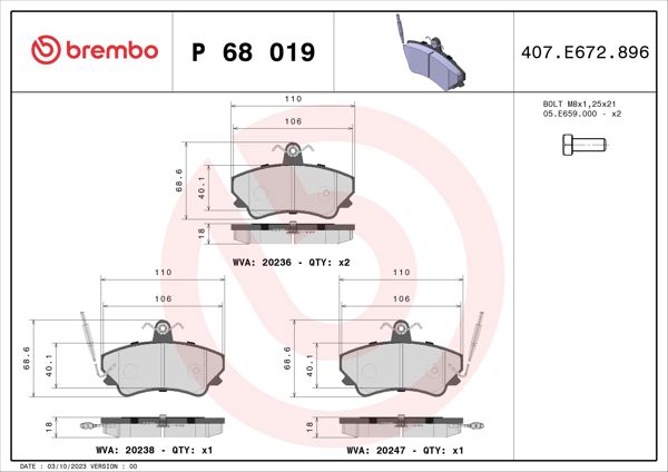 BREMBO P68019 | Fren Balatası Ön Low-Met Renault