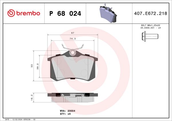 BREMBO P68024 | Arka Fren Balatası-Kablosuz 16mm (Renault Megane II / Peugeot 307 Citroen C3