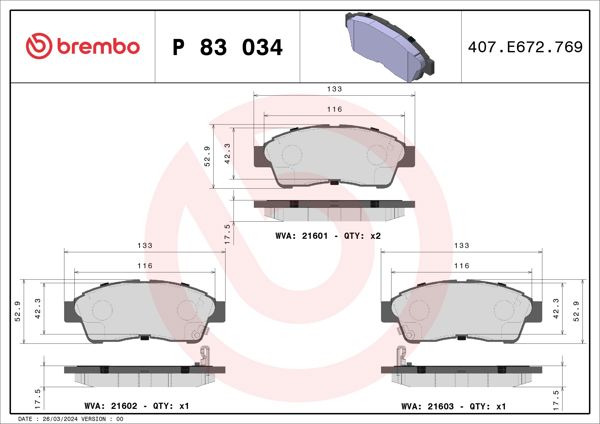 BREMBO P83034 | Fren Balatası Ön (Toyota Corolla 95 / 02 Inj. Ae101-Ae111 / Corona 92 / 97 At191 / Rav4 96 / 00)