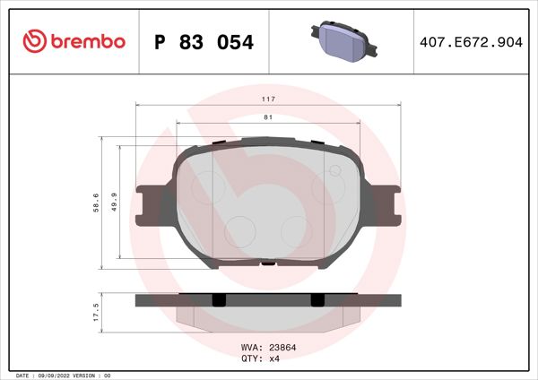 BREMBO P83054 | Fren Balatası Ön (Toyota Corolla Verso 1.8 / 2.0D 01-04) Low-Met