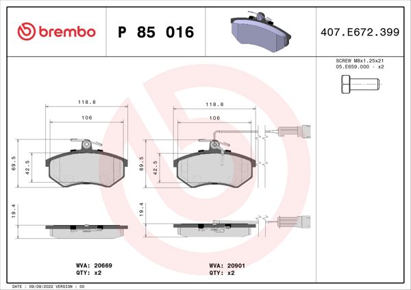 BREMBO P85016 | Fren Balatası Ön Low-Met Audi