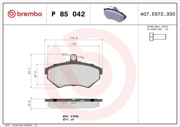 BREMBO P85042 | Fren Balatası Ön Kablosuz (VW Passat 88-00 Audi A4 95-00)