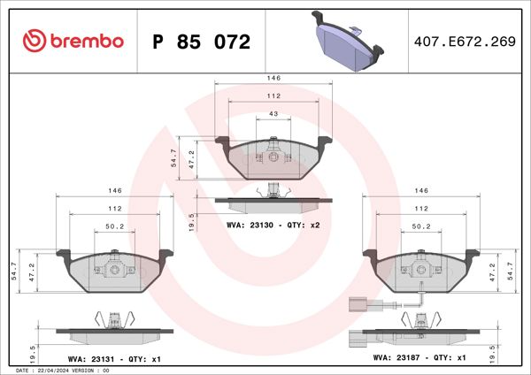 BREMBO P85072X | Fren Balatası-Kablolu (VW Golf 98-06 Polo 02-05 Audi A3 97-03 Seat Leon 00-06 Skoda Octavia 97-11)