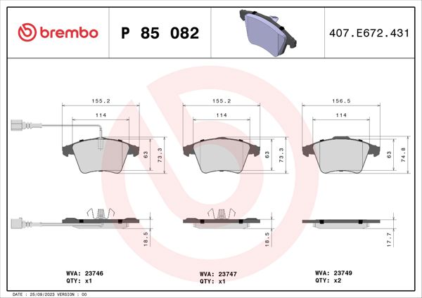 BREMBO P85082 | Ön Fren Balatası 18.00mm VW Transporter